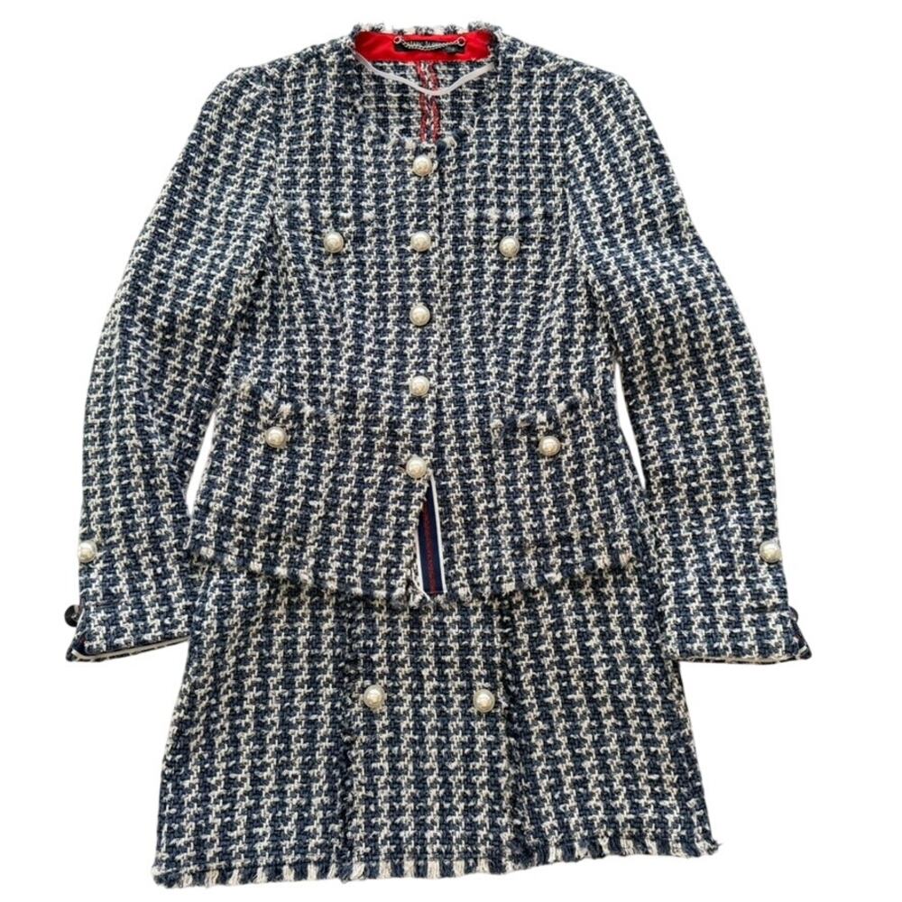 Marc Aurel Tweed Blazer Skirt Suit Set Navy Red White 36/34 Classic Luxury